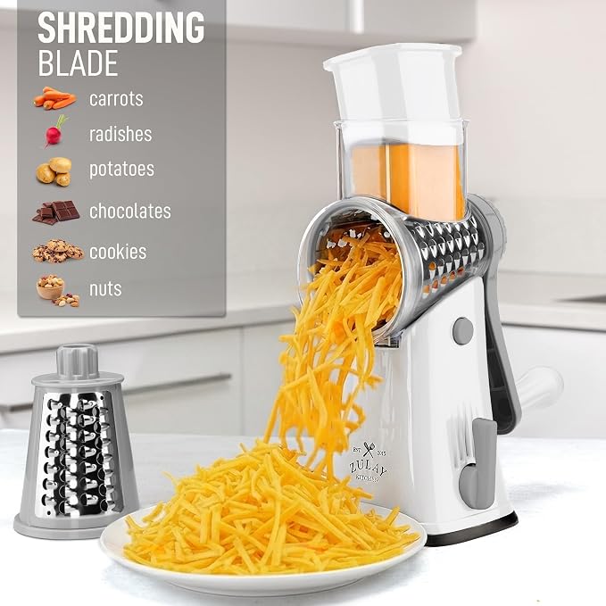 Zulay Kitchen Rotary Cheese Grater 5 Blade Cheese Shredder - Manual Hand Crank Cheese Grater With Reinforced Suction & 5 Interchangeable Drums - Easy to Use, Vegetable Chopper Round Mandoline Slicer