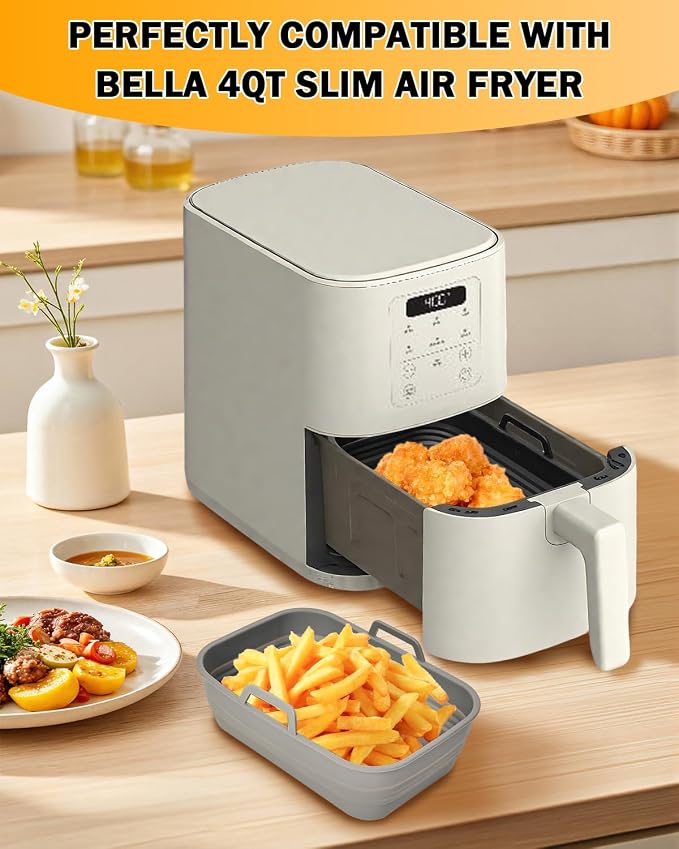 Air Fryer Silicone Liners Collapsible 2-Pack for bella Slim 4Qt(3.3lb) | Reusable Airfryer Silicone Pot Baking Basket Insert Accessories, Non Stick, Easy Cleaning, Gray+Black