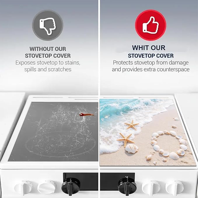 HOMETITUTE Summer Stove Top Covers for Electric Stove 28x20 Inches Coastal Seashell Artwork Heat Resistant Glass Cooktop Protector Pad Decorative Stovetop Cover for Kitchen Coffee Bar Decor
