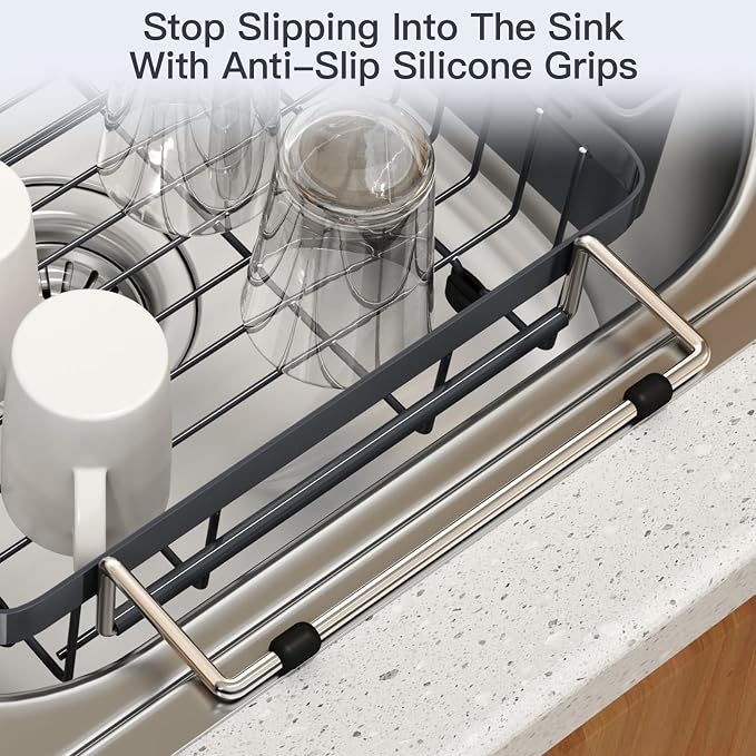 Grey Dish Drying Rack Over The Sink with Utensil Holder | Expandable Stainless Steel Dish Drainer for Small Kitchen, Apartment, RV, Counter Space Saving, Perfect Fit, Rustproof