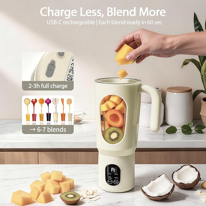 Personal Blender for Smoothies, 580ML USB-C Rechargeable | Portable Blender Cup, 12-Blade Smoothie Maker with Travel Lid, Handle & LED Display for Gym, Office, Travel and Outdoor