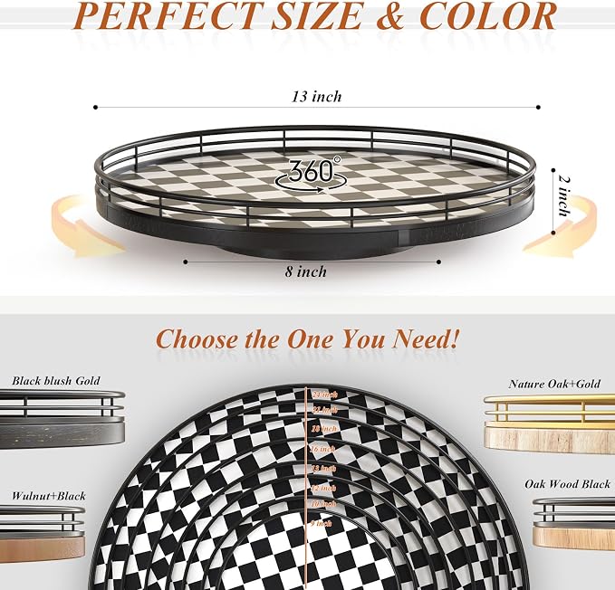 AMH 13-Inch Black and White Checkerboard Lazy Susan with Oak Wood Base | Smooth rotating oak tray with walnut finish for dining tables, kitchen counters, pantries and cabinet storage.