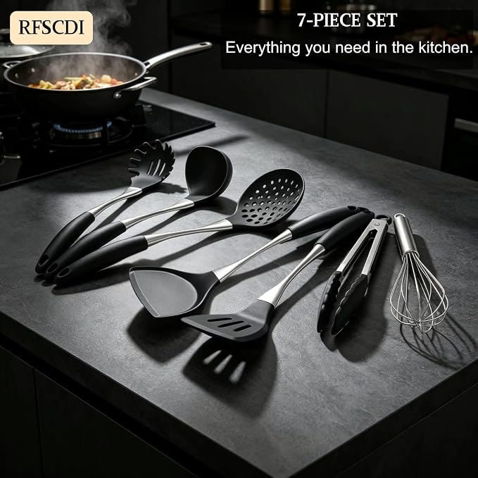 Premium Black Silicone Cooking Utensils Set - Non-Toxic, Heat Resistant& Non-Stick Kitchen Utensils Set with Spatula, Spoon, Whisk, Tongs, BPA Free, Dishwasher Safe, Black