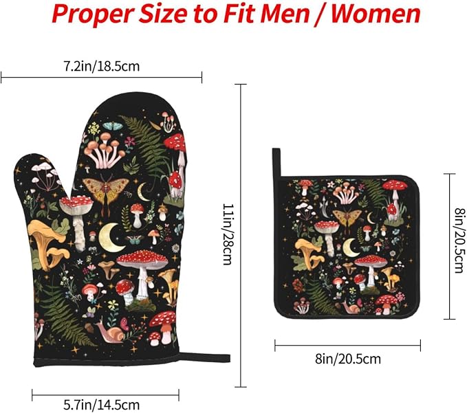 Black Mushroom Oven Mitts and Pot Holders Sets of 3 Witchy Hot Pads | Heat Resistant Oven Gloves for Cooking Grilling Baking Kitchen Decor Aesthetic, Witchy Gifts Mushroom Gifts for Women