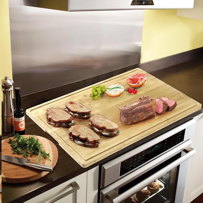 30 Inch Extra Large Bamboo Cutting Board for Kitchen, Stove Top Cover Wood Chopping Board with Handle and Juice Groove, Noodle Board, Meat Carving, and Charcuterie Board, 30 x 20 Inch