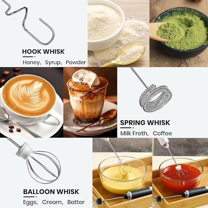 Handheld Electric Milk Frother with 2 Heads, Coffee Whisk Foam Mixer with USB Rechargeable 3 Speeds, Foam Maker Blender for Latte, Cappuccino, Hot Chocolate, Egg (Type 5)