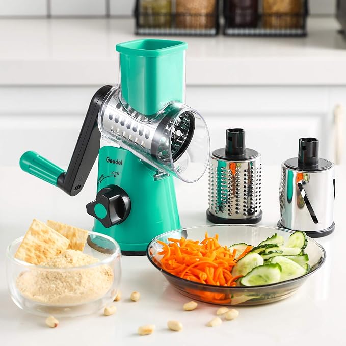 Geedel Rotary Cheese Grater Hand Crank, Cheese Shredder Vegetable Slicer | 3 Blades, 430 Stainless Steel, 12x Fast Cutting, Strong Suction Base, No BPA, Dishwasher Safe, for Cheese, Veggie, Nut