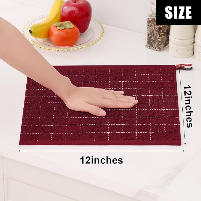 Homaxy 100% Cotton Terry Kitchen Dish Cloths, 12 Pack, Burgundy | Ultra Soft and Absorbent, Suitable for Drying and Washing Dishes