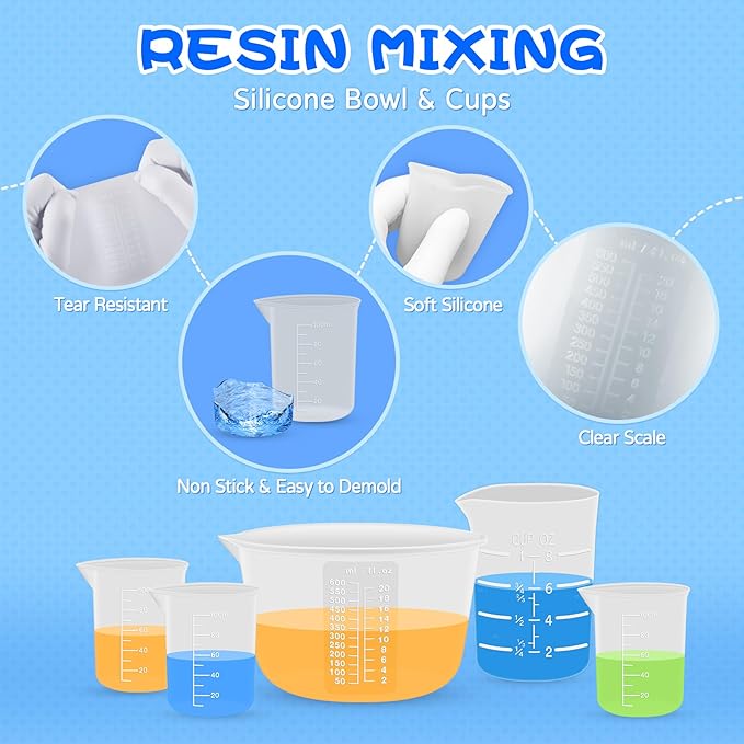 Silicone Resin Mixing Measuring Cups for Resin Supplies, 600ml/20oz Bowl, 250 & 100ml Thickened Reusable Silicone Cups for Epoxy Mixing, with Stir Sticks and Pipettes, Jewelry Making