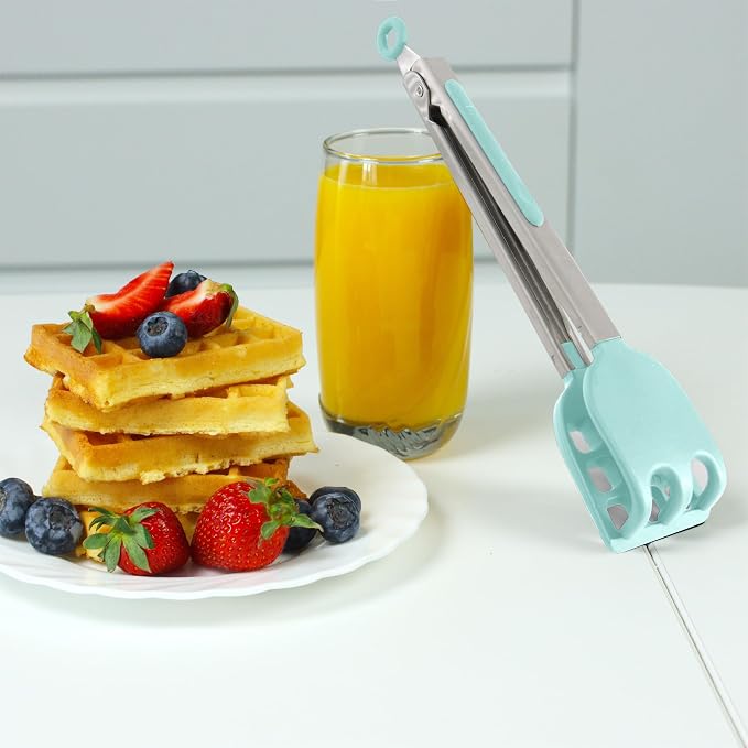 Mini Waffle Tongs by StarBlue Green – 10 Inches Silicone and Nylon Serving Tongs with Non-Slip Smooth Handles, Non-Scratch and Dishwasher Safe, Multipurpose Spatula Tongs for Belgian Waffle Serving