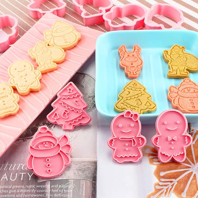 8Pcs Christmas Cookie Cutters with Plunger Stamp Set,Christmas Biscuit Mold | Different Shapes, Rich Textures, Gingerbread Boy/Girl Snowman Santa Claus Snowflake Christmas Tree Reindeer Cookie Cutters