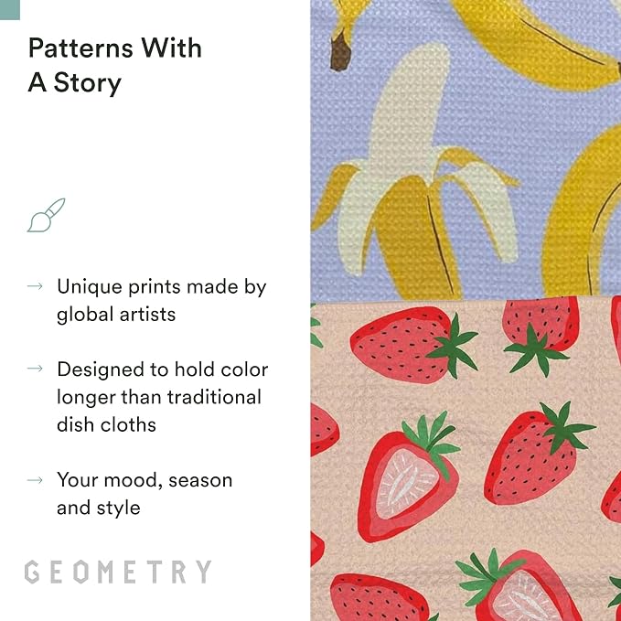 GEOMETRY Kitchen Dish Cloths - Spring & Summer Collection - Premium Dishcloths with Geoweave - Absorbent & Fast Drying Kitchen Towels - Strawberry Banana, 10" x 10" - 3-Pieces