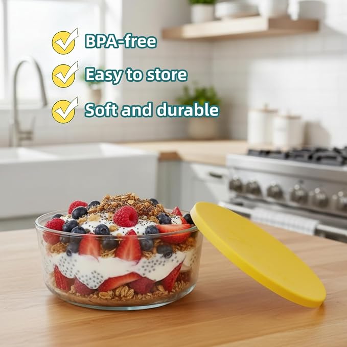 Yodecy Silicone Bowl Lids fit Pyrex Glass Bowls 7201-PC 4 Cup, Yodecy Silicone Bowl Lids fit Anchor Hocking Glass Bowls 7201-PC 4 Cup,Replacement Lids(2 Pack Yellow)