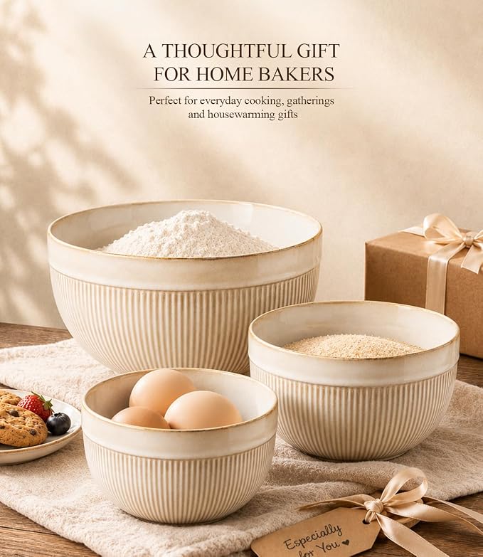 GBhome Ceramic Mixing Bowls Set of 3, Stoneware Nesting Serving Bowls | 45/90/150 oz For Prep, Baking, Serving, Gift, Microwave and Dishwasher Safe, Ribbed Dishware Collection,Cappuccino