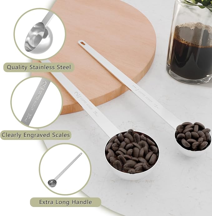 1PCS Extra Long Handle Coffee Scoop, 2Tsp(10ml) Measuring Spoon | 9.1" Length, Food-Grade Stainless Steel, Accurate Measurement, Dishwasher-Safe, Engraved Marking, Coffee Ritual Essential