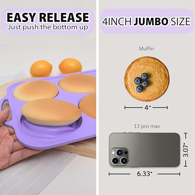 4 Inch Jumbo Silicone Muffin Top Pan with Frame Non Stick Egg Mold Baking | Silicone Egg Mold for Oven, Large Whoopie Pie Baking Pan with Handle for English Breakfast Sandwich Egg Bite Bun Tart Vnray