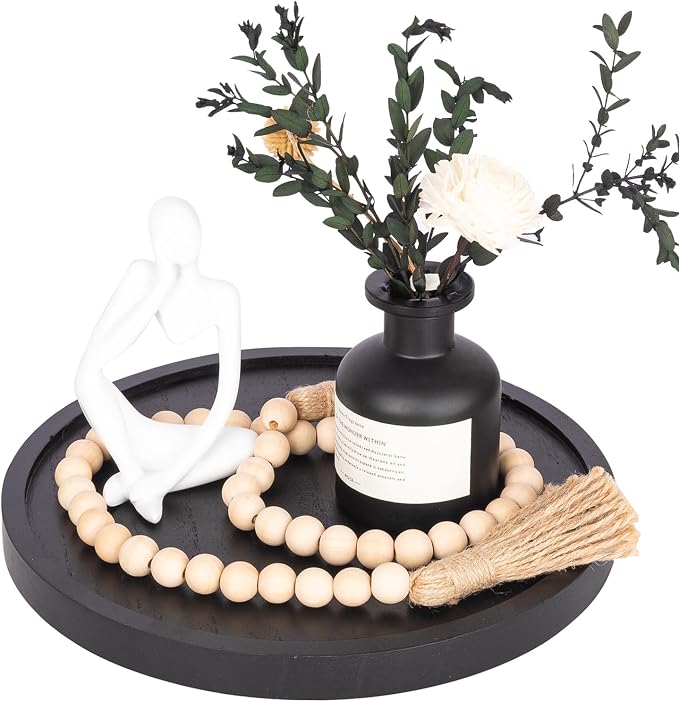 Wood Lazy Susan Organizer Kitchen Turntable for Cabinet Farmhouse Bathroom Decor Round Decorative Tray for Vanity, Counter, Sink, Coffee Table, 10 Inch, Black | waterpoof, East clean, Non-slip, Pantry Table Decorative Tray for condiment, spice