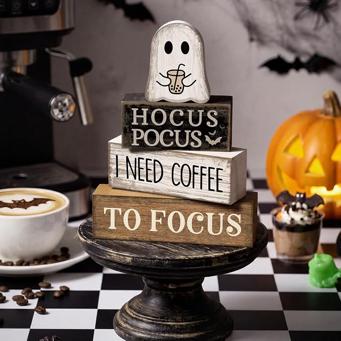 Lineshading 4 Pcs Wooden Tiered Tray Decor Ghost Coffee Block Signs | Farmhouse Tabletop Decor for Halloween, Coffee Theme Hocus Pocus Humor Blocks, Rustic Gift for Home Styling