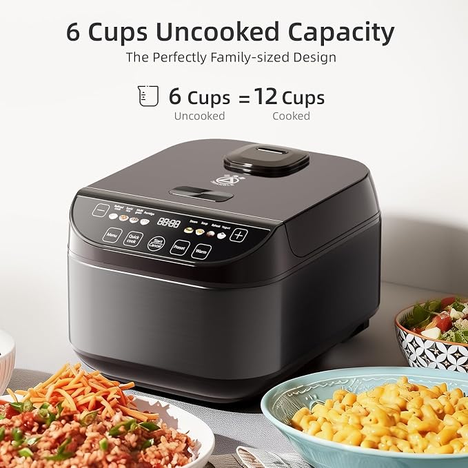 TRIANGLE Smart Rice Cooker 6 Cups Uncooked, Fuzzy Logic Rice Maker One-Touch Cooking with Non-stick Inner Pot, Steamer, Quick Cook, Timer, Auto Keep Warm Feature, Black