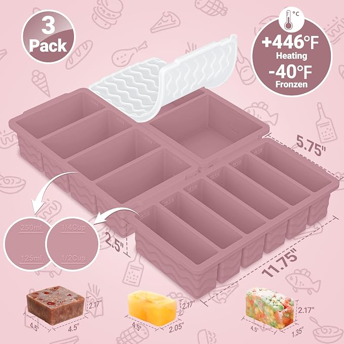 3-Pack Silicone Freezer Trays with Lid, Soup Freezer Container Molds | 2 Large 2-Cup, 4 Medium 1-Cup, 6 Small 1/2-Cup, BPA Free, Ice Cube Tray for Soup, Stews, Sauces, Meal Prep, Broth, Leftovers