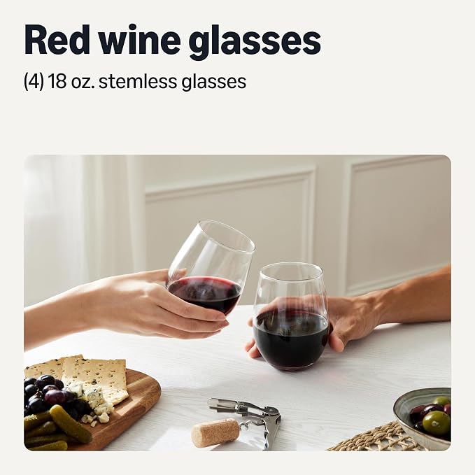 Amazon Basics Stemless Red Wine Glasses, 18 oz., Dishwasher-Safe, 4-Piece Set