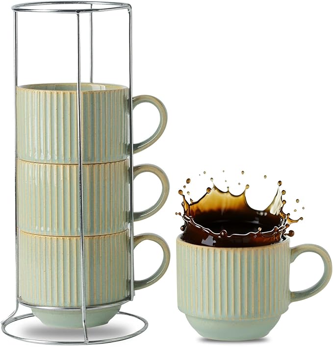 HASENSE Coffee Mugs with Metal Stand, Ceramic 15 Oz Stackable Coffee Cups Set of 4, Vertical Striped Latte Mugs with Holder, Space-Saving Mug Rack for Kitchen, Green