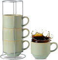 HASENSE Coffee Mugs with Metal Stand, Ceramic 15 Oz Stackable Coffee Cups Set of 4, Vertical Striped Latte Mugs with Holder, Space-Saving Mug Rack for Kitchen, Green