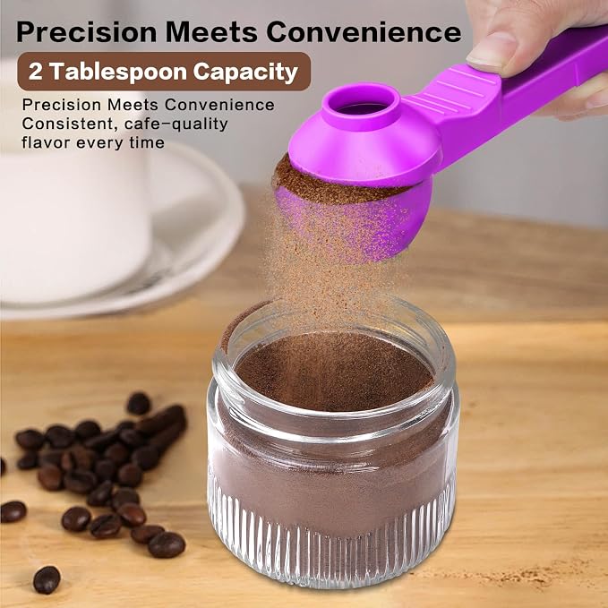 2-in-1 Coffee Scoop with Funnel, 2 Tbsp Measuring Spoon for Reusable K Cups, Ground Coffee, Protein Powder & Tea, Mess-Free Plastic Design（Rose Red-2pack）