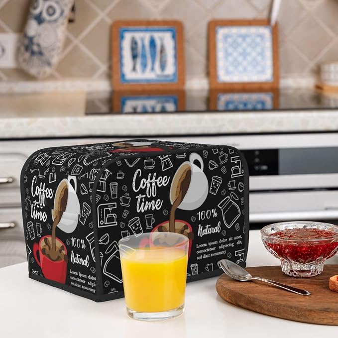 Toaster Cover 2 Slice with Coffee Pattern Dustproof Protection TC1000 | Waterproof Fingerprint Wide Slot Reusable for Kitchen Small Appliance