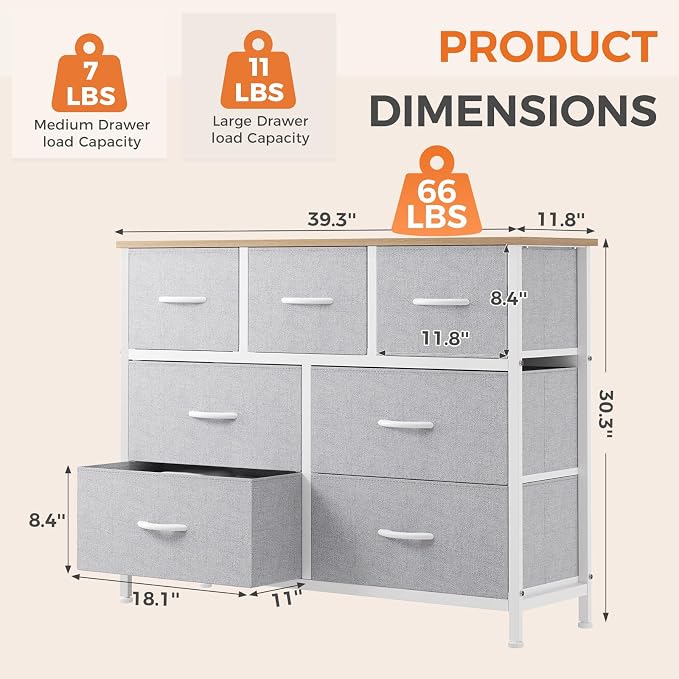 Sweetcrispy 7 Drawer Dresser for Bedroom Storage, Fabric Bins, Light Grey | Anti-Tip Closet Organizer, Wooden Top and Sturdy Steel Frame, Spacious Drawers for Clothes Storage, Hallway Entryway