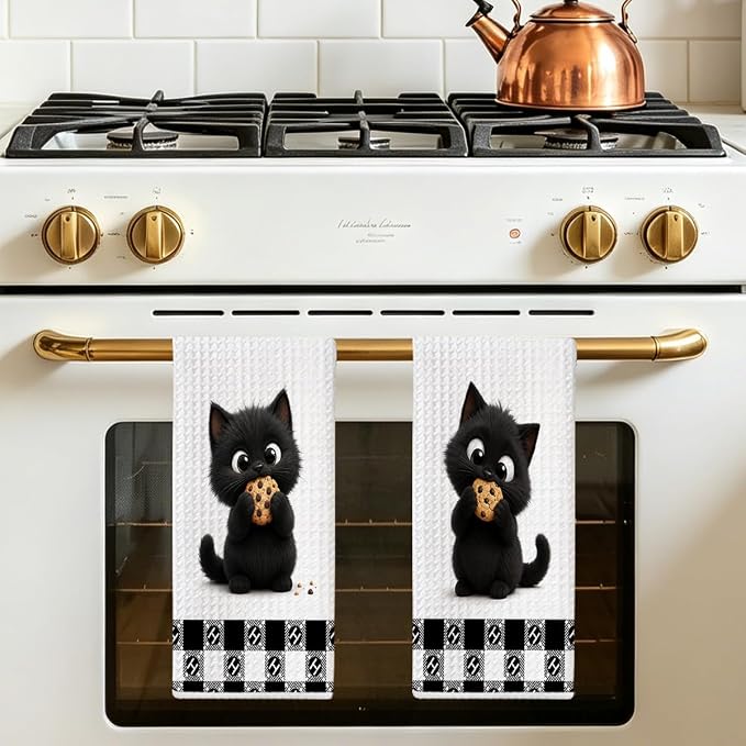 Jztco 2 Pcs Cute Cat Kitchen Towels, Cat Gifts Reusable Hand Towels-1 | Cat Dish Cloths for Drying Dishes, Cats Waffle Dish Towels for Kitchen Bathroom Decor, Cat Lover Gifts for Women Grandma Mom