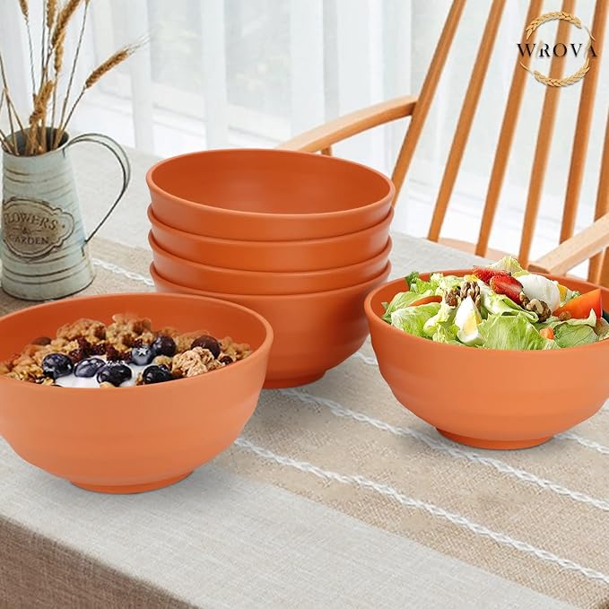 Wrova Wheat Straw Bowls Set 60 OZ Unbreakable Large Cereal Bowls Set of 6 Microwave and Dishwasher Safe Bowls Big Bowls for Eating BPA Free Soup Bowl for Serving Oatmeal and Salad Orange