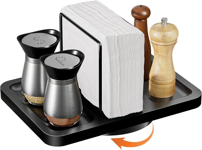 Rotating Napkin Holder for Table with Salt Pepper Shakers Caddy, Black | Bamboo Standing Napkin Dispenser, Metal Paper Napkin Storage for Bathroom Home Kitchen Farmhouse Decor Not Including Shakers