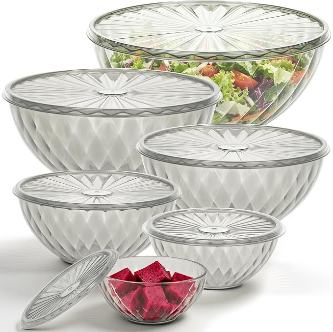 Plastic Mixing Bowls with Lids, 6 Piece Nesting Bowls Set for Kitchen | One-Press Lids, Meal Prep, Salad Mixing, Baking, Serving, Storing, Dishwasher & Microwave Safe, 5.3/3.2/1.9/1.2/ 0.6/0.3 QT