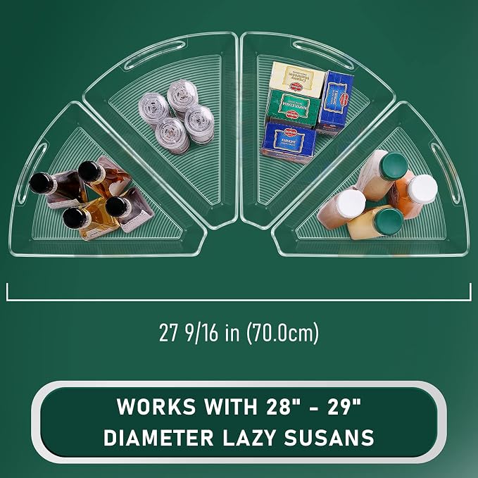 Lazy Susan Cabinet Organizer Bins for 26"/ 28"/ 32" Diameter | Corner Organizer, Plastic Cabinet Storage Bin, 1/8 Wedge - Food Safe, BPA Free, with Non-Slip Pads (for 28" Diameter, 4 Pack)
