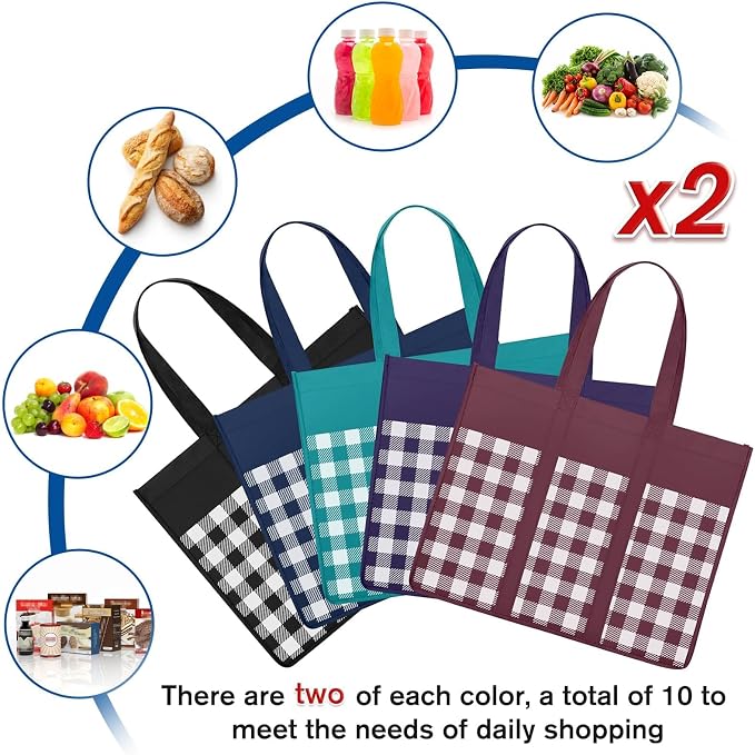 Reusable Grocery Shopping Bags 10 Pack Large Foldable Tote Bags Bulk | Eco Produce Bags with Long Handle for Shopping Groceries Clothes (Plaid C)