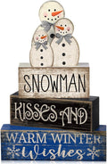 Lineshading 4 Pcs Wooden Snowman Tiered Tray Decor Winter Signs Home | Rustic Blocks with Snowman Family Topper, Warm Wishes Quote, Holiday Centerpiece for Christmas Tabletop Shelf Decorating