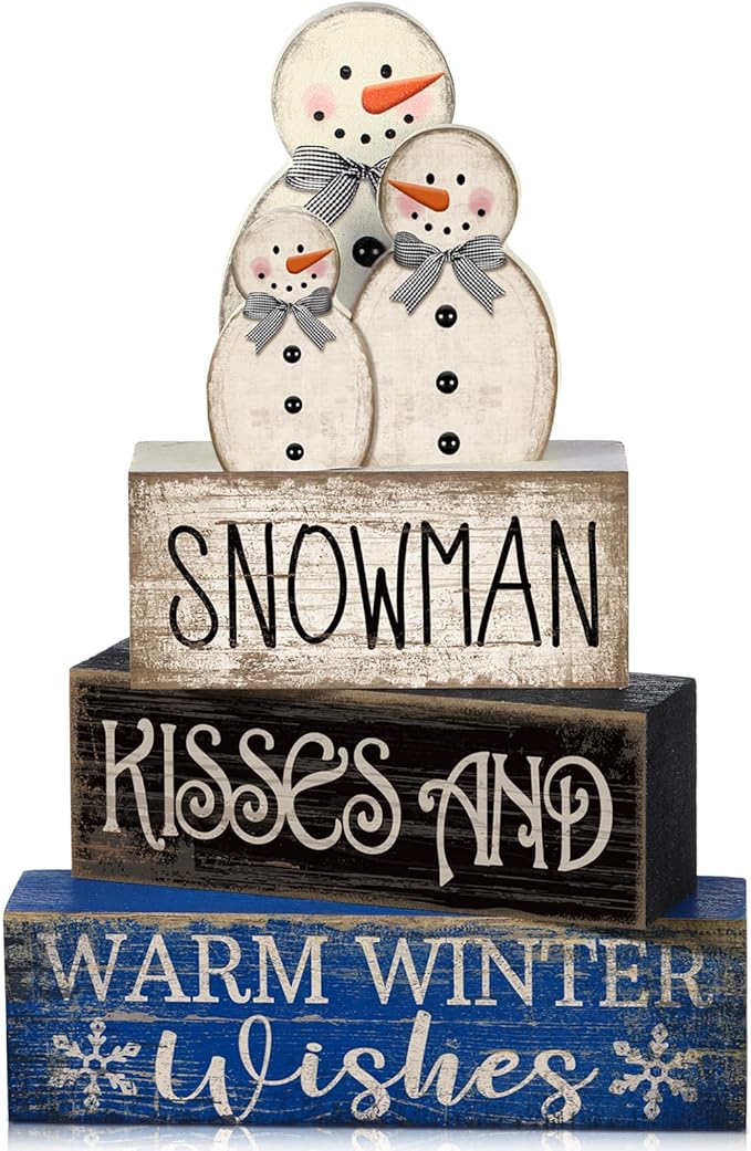 Lineshading 4 Pcs Wooden Snowman Tiered Tray Decor Winter Signs Home | Rustic Blocks with Snowman Family Topper, Warm Wishes Quote, Holiday Centerpiece for Christmas Tabletop Shelf Decorating