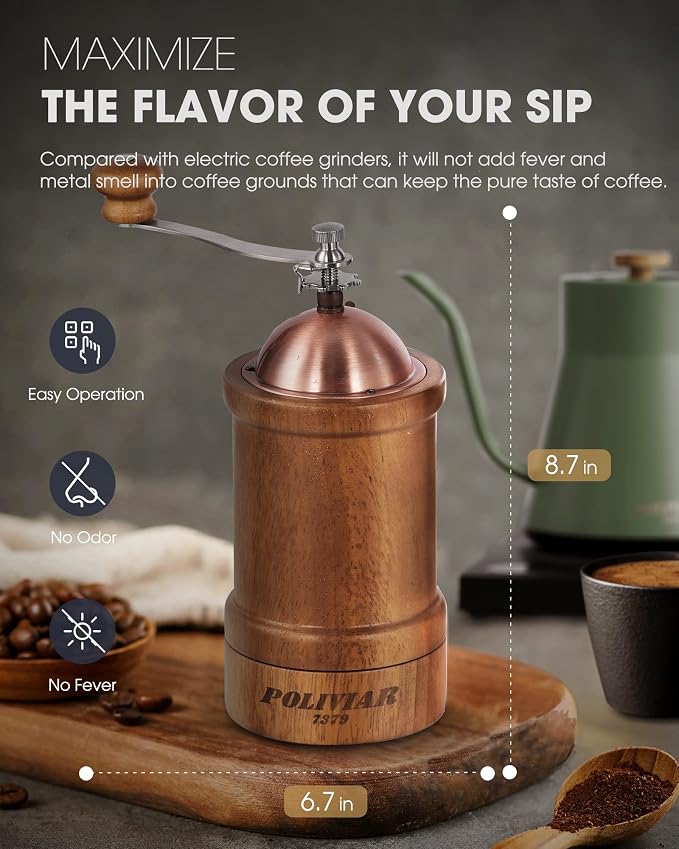 POLIVIAR Manual Coffee Grinder, Coffee Bean Grinder with Adjustable Ceramic Burr, Vintage Style Wooden Hand Coffee Grinder, Large Capacity Burr Coffee Grinder with Brush and Spoon (JX2022-CG20) | Coffee Bean Grinder with Adjustable Ceramic Burr, Vintag...