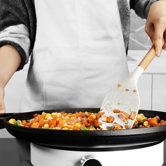 oannao Silicone Cooking Utensils Set - 446°F Heat Resistant Silicone Kitchen Utensils for Cooking,Kitchen Utensil Spatula Set w Wooden Handles for Non-Stick Cookware, BPA FREE (Cream White)