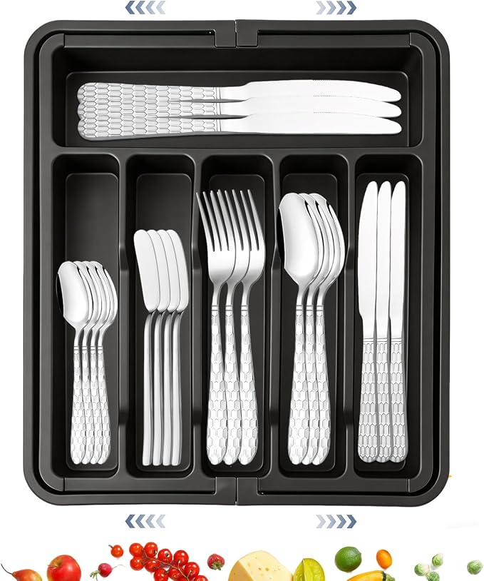 30 Pieces Silverware Set with Organizer, Silvery Stainless Steel Cutlery Set Flatware Set for 6 Person, Tableware Set Includes Knives Forks Spoons Teaspoons Butter Knives (Silvery-30PCS)