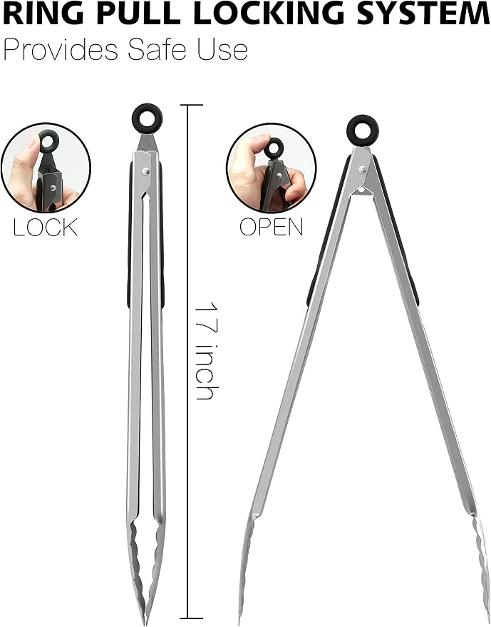 Anaeat Extra Long Stainless Steel Grilling Locking Tong, 17" Sturdy Coiled Spring Kitchen Food Tong with Non-Slip Silicone Grip for BBQ, Baking, Cooking - Heat Resistant up to 480°F (Black)
