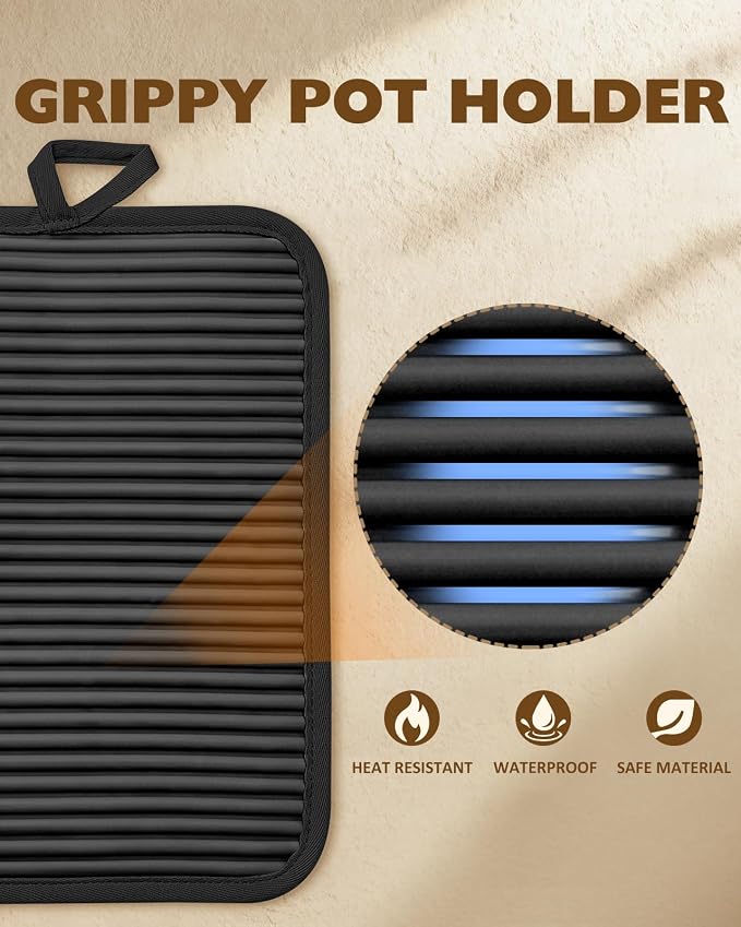 100% Thick Cotton Pot Holders Ribbed Soft Silicone Black Gingham | Stylish Pot Holders with Pockets, Ribbed Soft Silicone, Machine Washable Non-Slip Heat Resistant Hot Pads 2pcs, Kitchen Gift