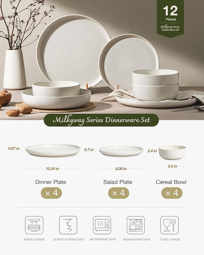 Famiware Milkyway 12-Piece Stoneware Dinnerware Set, Matte Beige White | Plates and Bowls for 4, Reactive Glaze Dish Set, Microwave & Dishwasher Safe, Chip & Scratch Resistant