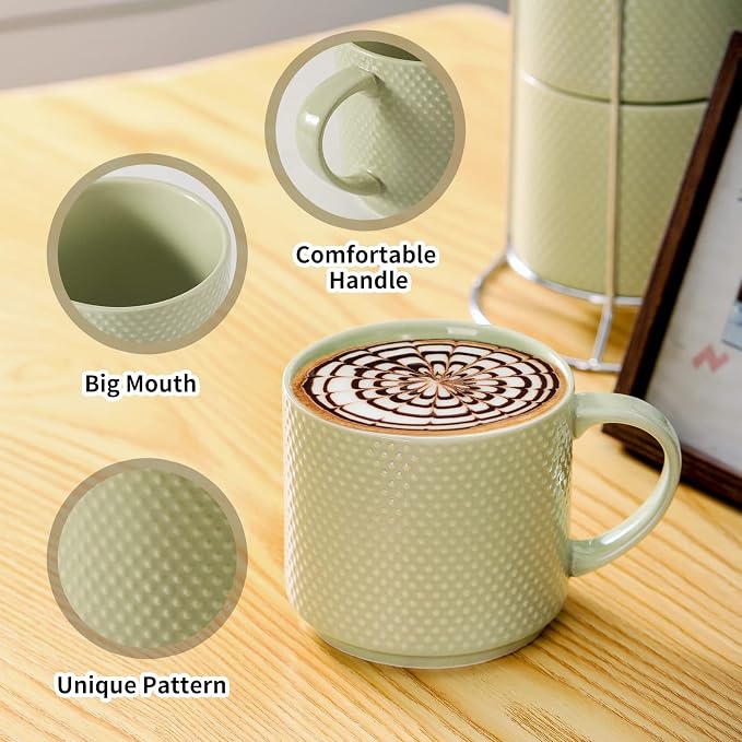 HASENSE Coffee Mugs Set with rack, 15 Ounce Porcelain Stackable Large Coffee Cups Set of 4 with handle for Drinks Like Tea, Cappuccino, Milk, Mocha and Cereal, Microwave & Dishwasher Safe, Green