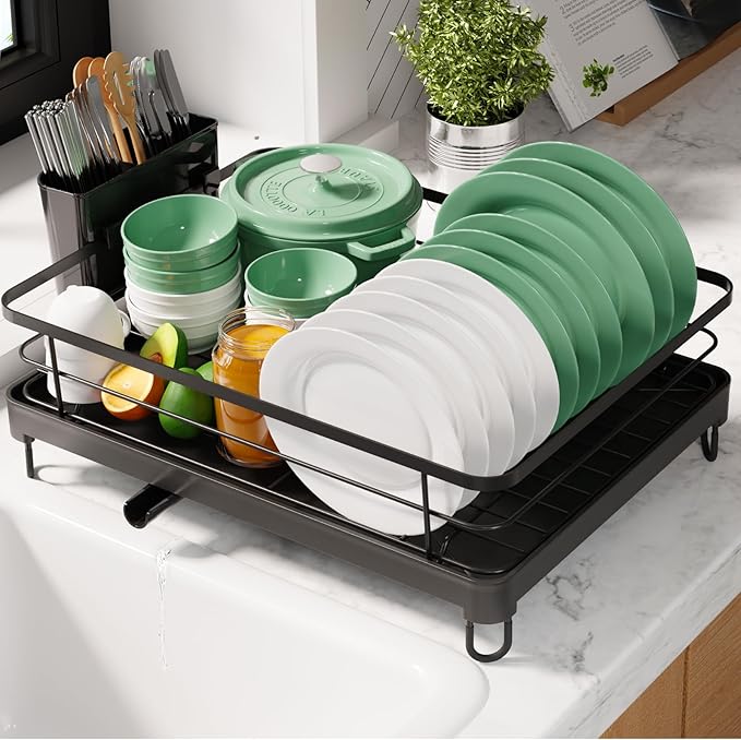 Kitsure Dish Drying Rack for Kitchen Counter, 12.7''W x 16.7''L, Black | Stainless Steel Sink Organization, Cutlery Holder, Home and Appartment Decor