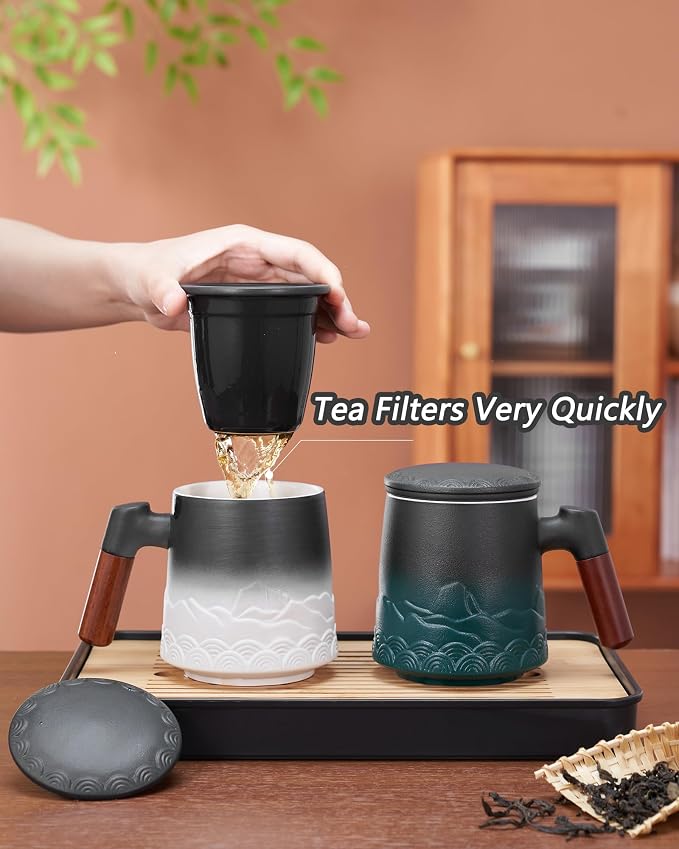 ZENS Tea Mug with Infuser and Lid for Loose Leaf Tea Steeper, 16.9oz White | Embossed Ceramic Tea Cup with Infuser for Herbal Tea Difussers, Tea Lovers Gifts, Nature Wood Handle