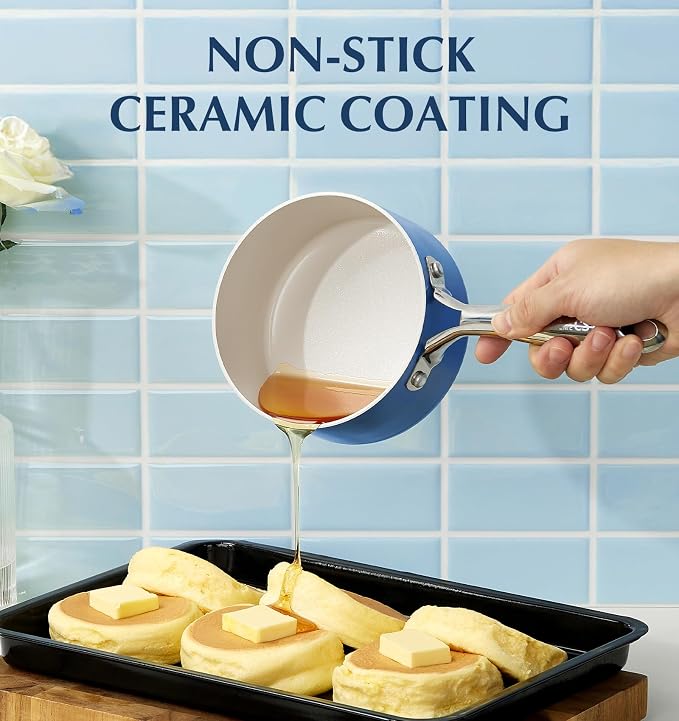 KOCH SYSTEME CS Small Saucepan with Lid, 1 Quart Nonstick Sauce Pan with PFAS-FREE Ceramic Coatings, Non-Toxic, Scratch-Resistant Small Cooking Pot with Lid, 1QT Small Sauce Pan, Blue