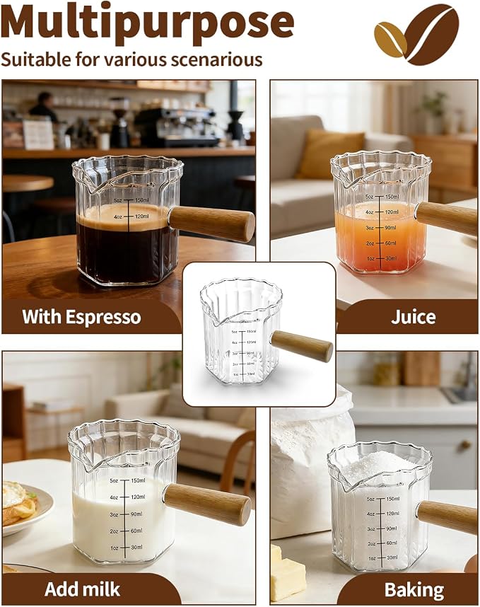 Espresso Measuring Cup 5 Oz, Espresso Glass Cups with Wood Handle, Milk Frothing Cup, Espresso Cup for Coffee, Milk, Tea or Maple Syrup Serving (Transparent, 5 oz)