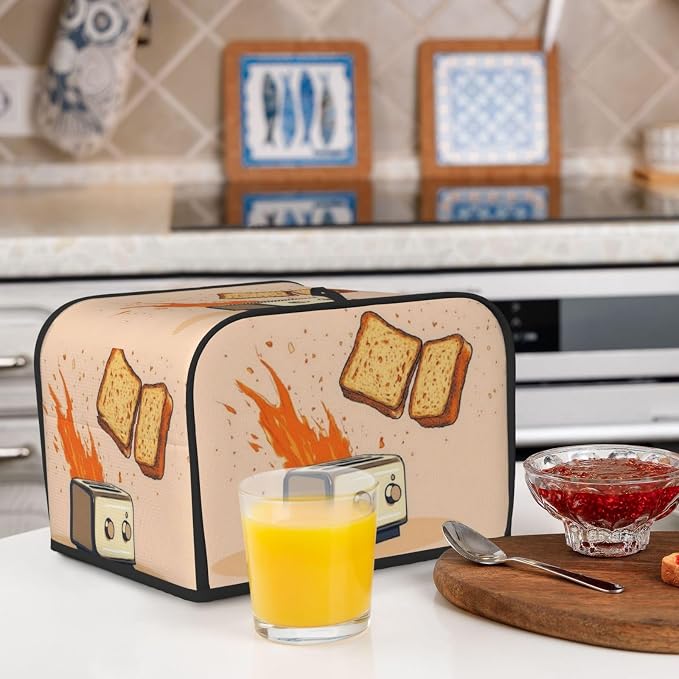 Toaster Cover 4 Slice with Cartoon Toast Pattern Dustproof Protection | Waterproof Fingerprint Wide Slot Reusable for Kitchen Small Appliance